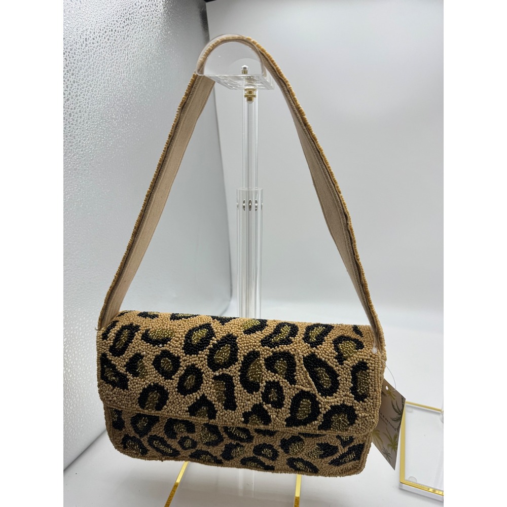 New Beaded Leopard Print Shoulder‎ Bag Tan Black Gold Animal Print Handbag